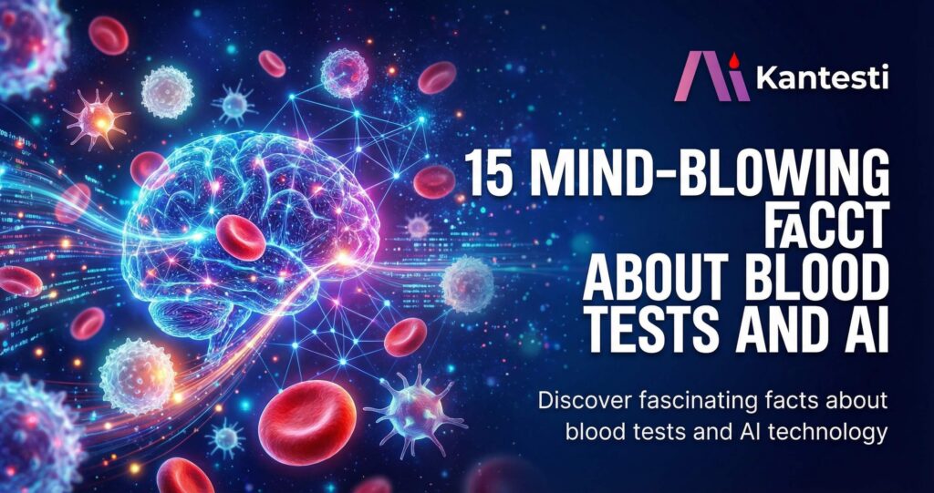 Colorful scientific visualization of blood cells and AI neural network connections